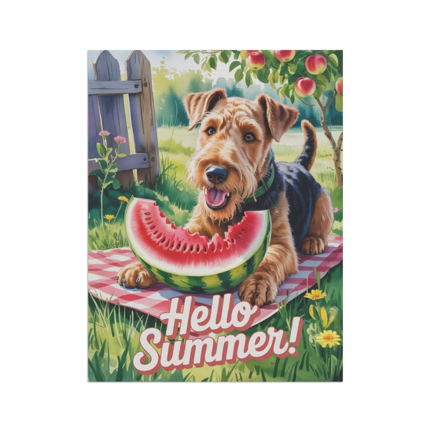 Printify Home Decor Garden Flag, Airedale Terrier Watermelon Hello Summer Yard Sign, Picnic Housewarming Decor, Dog Mom Dad Gift, New Home Banner