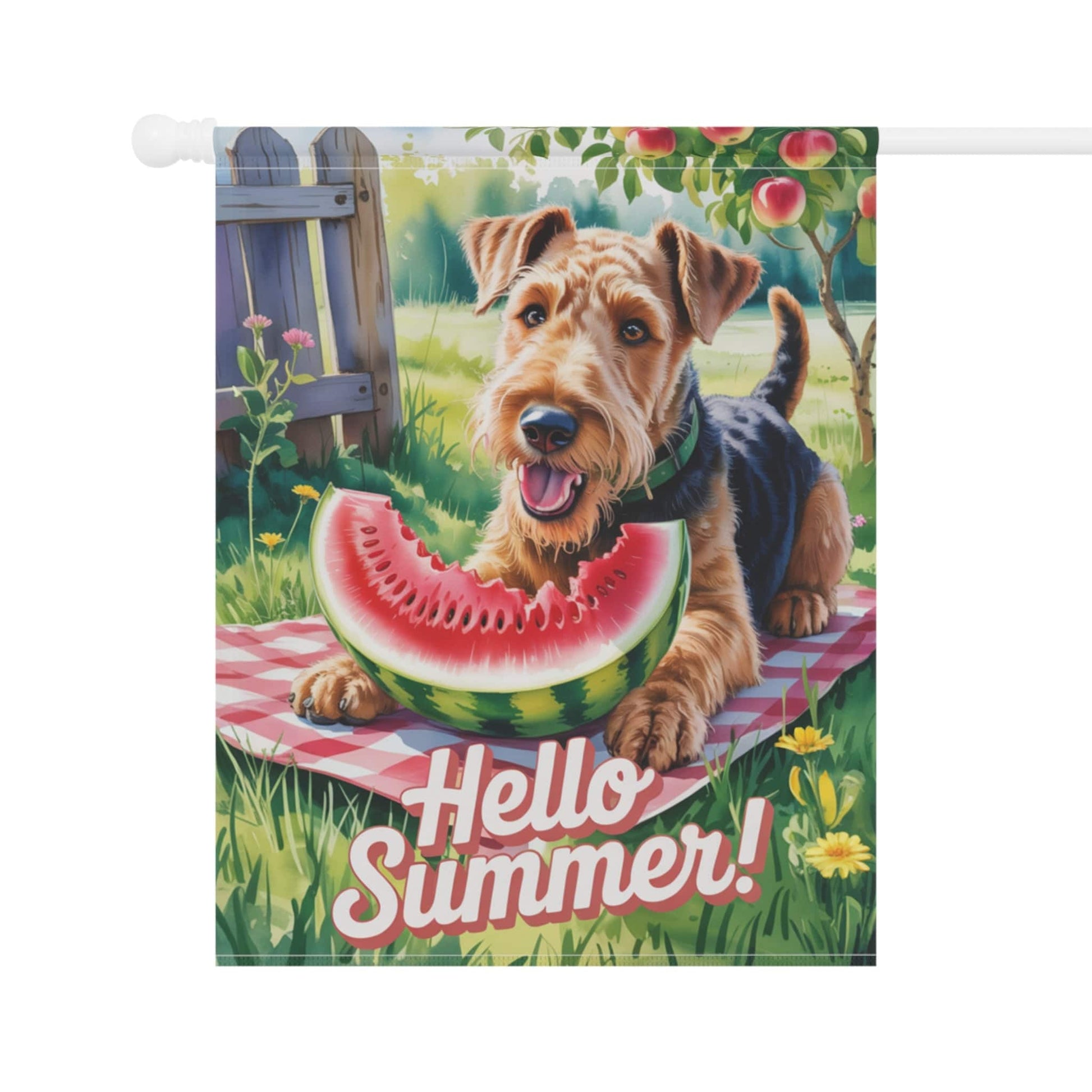 Printify Home Decor Garden Flag, Airedale Terrier Watermelon Hello Summer Yard Sign, Picnic Housewarming Decor, Dog Mom Dad Gift, New Home Banner