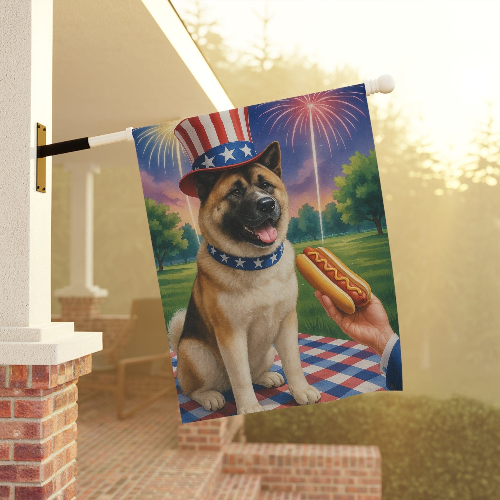 Printify Home Decor Garden Flag, American Akita 4th of July Yard Decor, Hot Dog Independence Day America