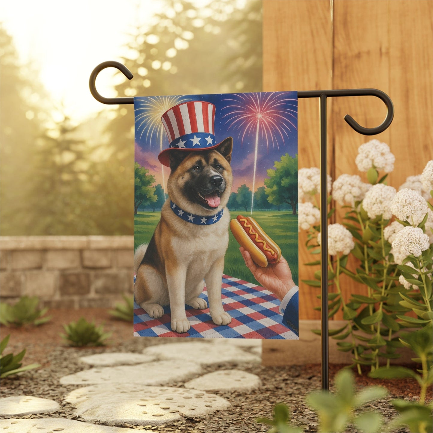 Printify Home Decor Garden Flag, American Akita 4th of July Yard Decor, Hot Dog Independence Day America