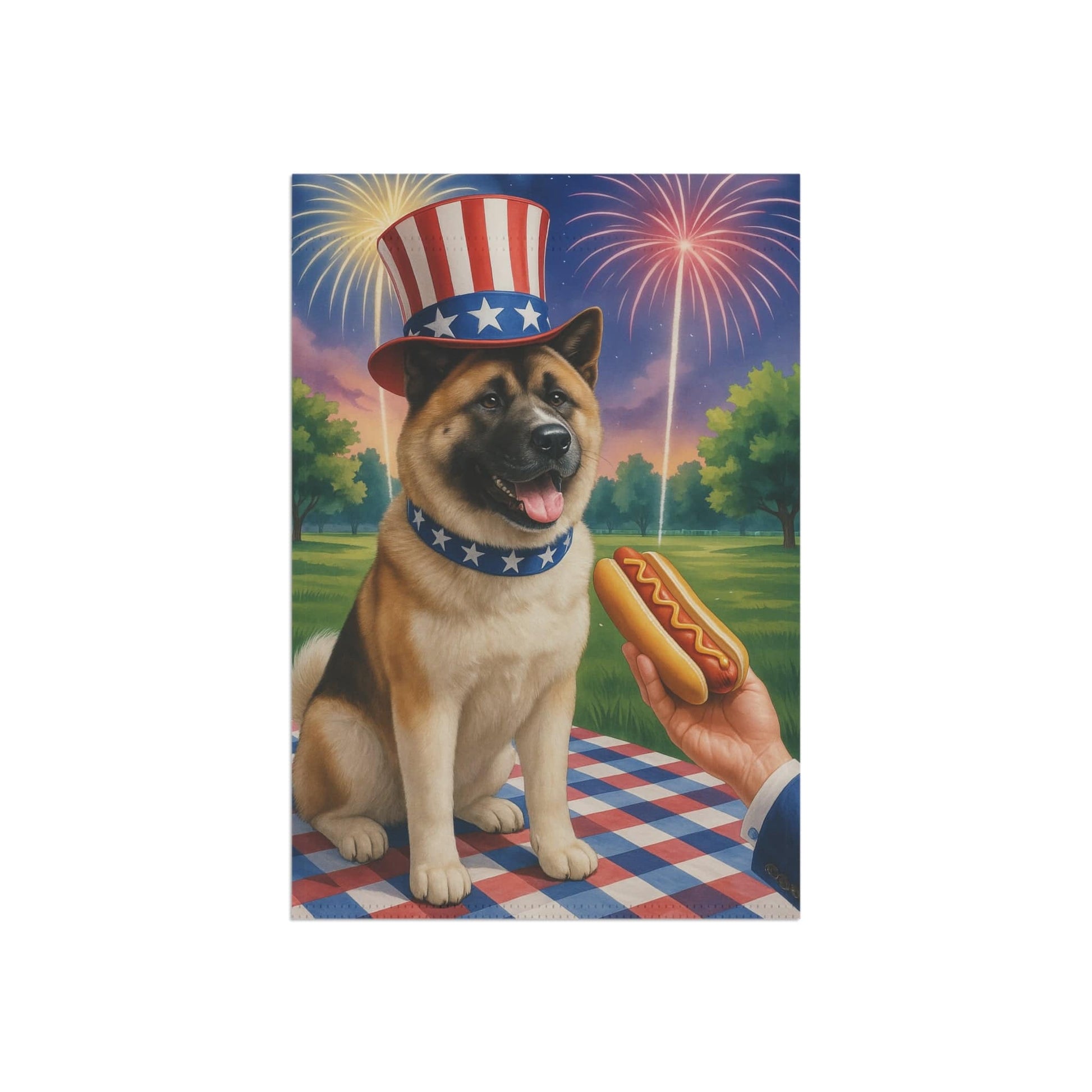 Printify Home Decor Garden Flag, American Akita 4th of July Yard Decor, Hot Dog Independence Day America