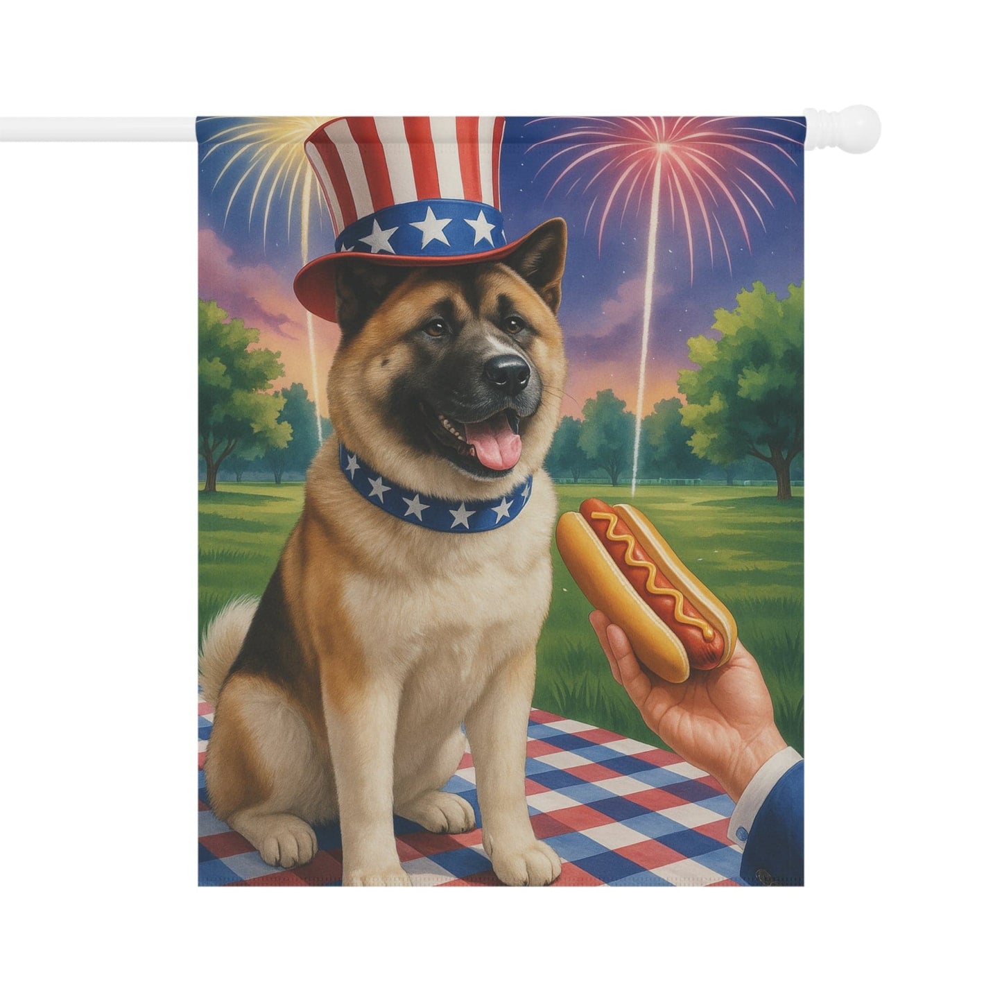 Printify Home Decor 24.5'' × 32'' Garden Flag, American Akita 4th of July Yard Decor, Hot Dog Independence Day America
