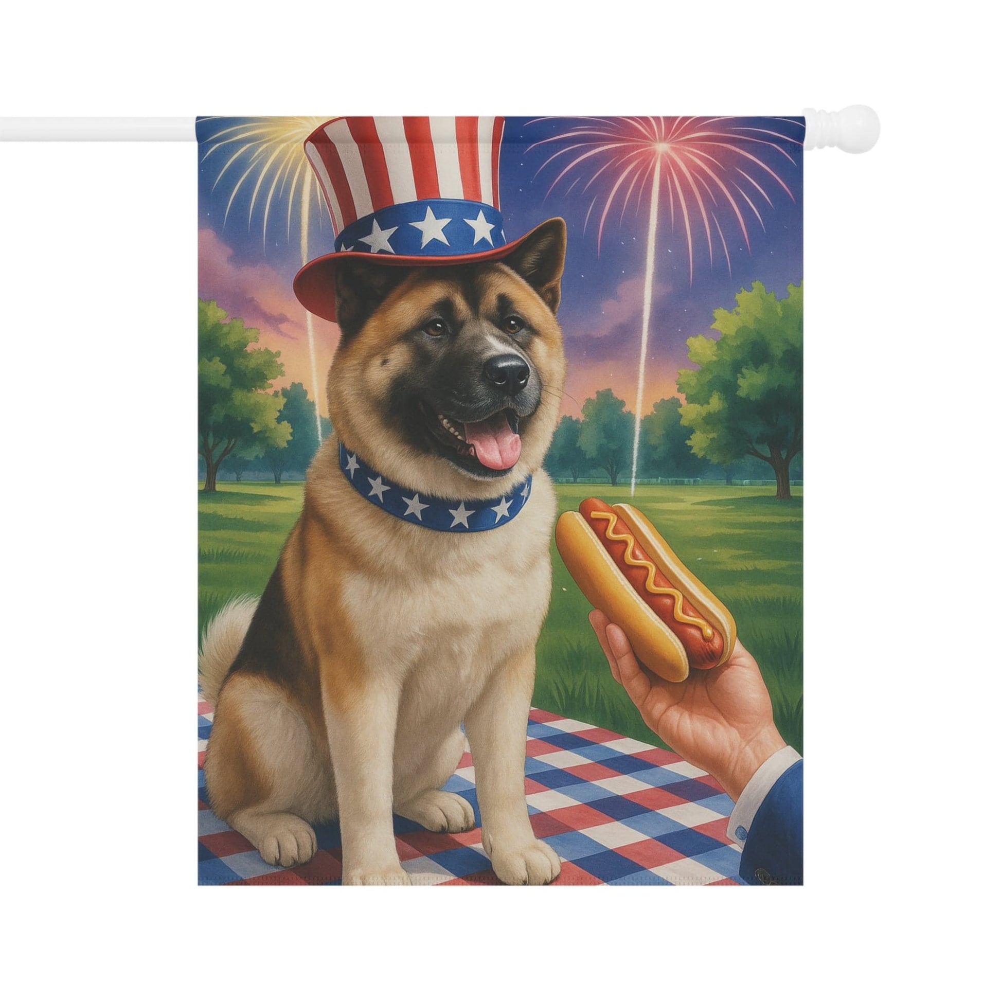 Printify Home Decor 24.5'' × 32'' Garden Flag, American Akita 4th of July Yard Decor, Hot Dog Independence Day America
