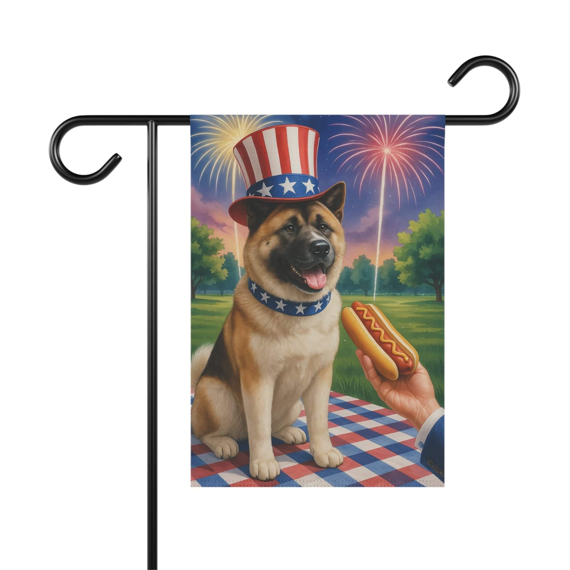 Printify Home Decor 12'' × 18'' Garden Flag, American Akita 4th of July Yard Decor, Hot Dog Independence Day America