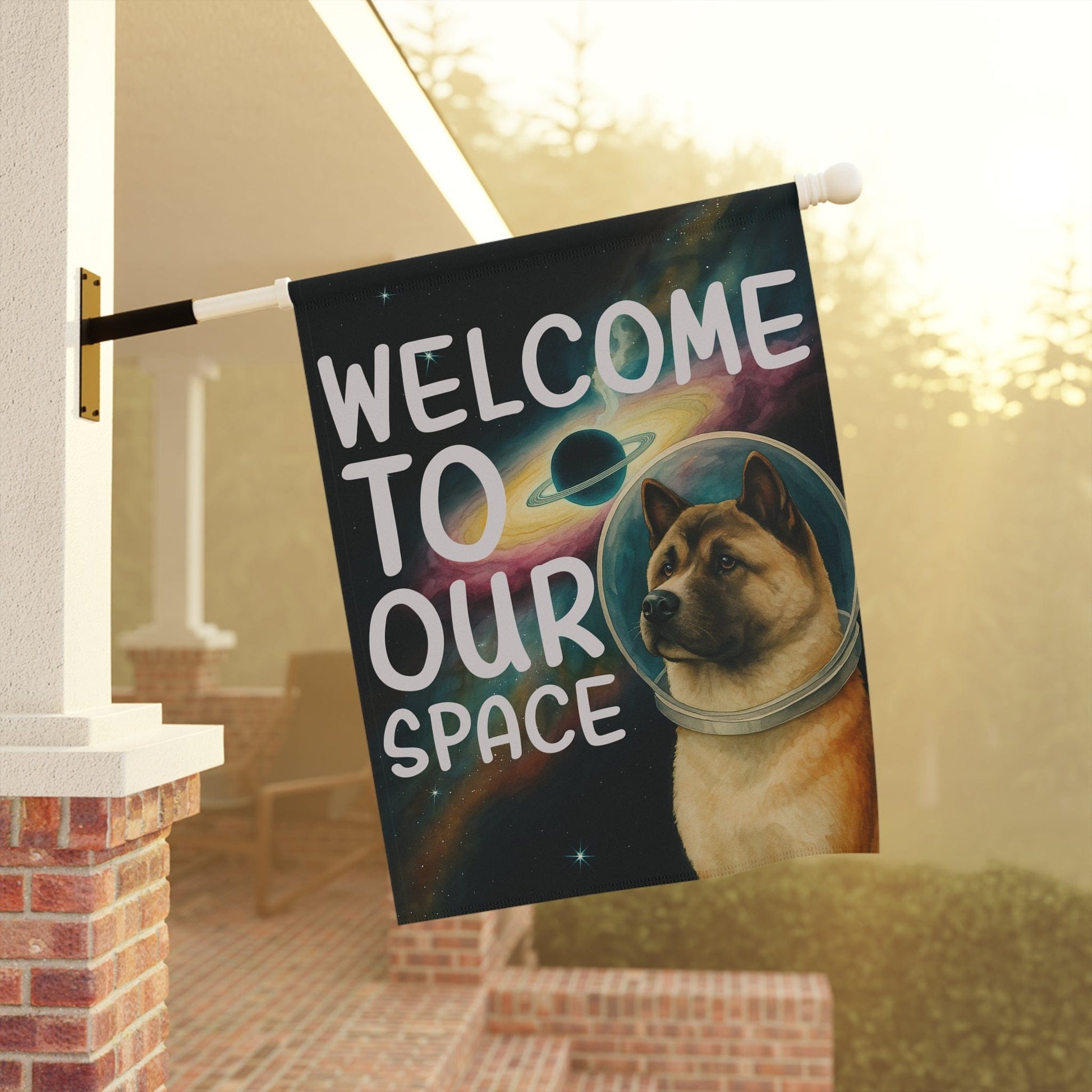 Printify Home Decor Garden Flag, American Akita Space Lover Banner, Astronaut Decor, Outer Space Decoration