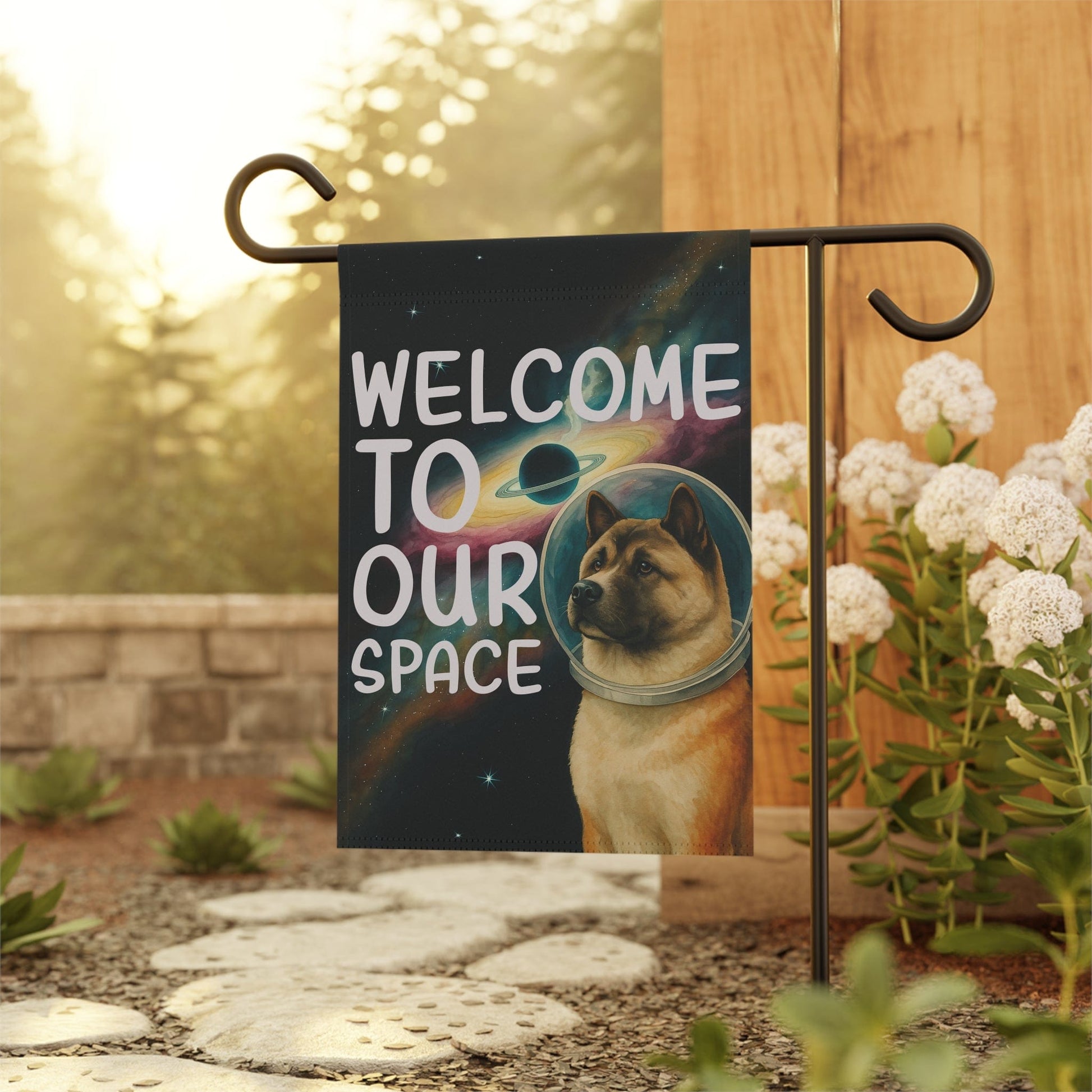 Printify Home Decor Garden Flag, American Akita Space Lover Banner, Astronaut Decor, Outer Space Decoration