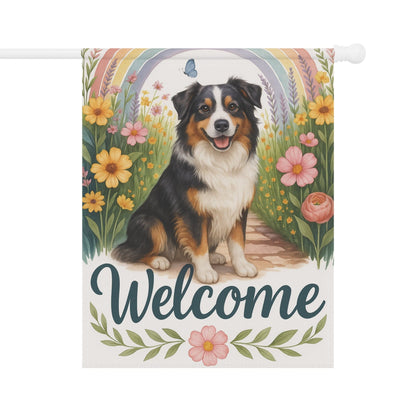 Printify Home Decor 24.5'' × 32'' Garden Flag, Australian Shepherd Welcome Yard Decor, Outdoor Spring Decoration, Front Yard Dog