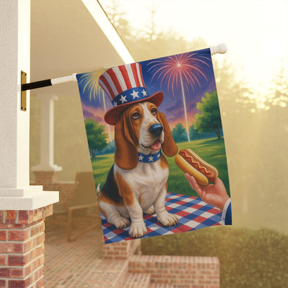 Printify Home Decor Garden Flag, Basset Hound Dog 4th of July Yard Decor, Hot Dog Independence Day America