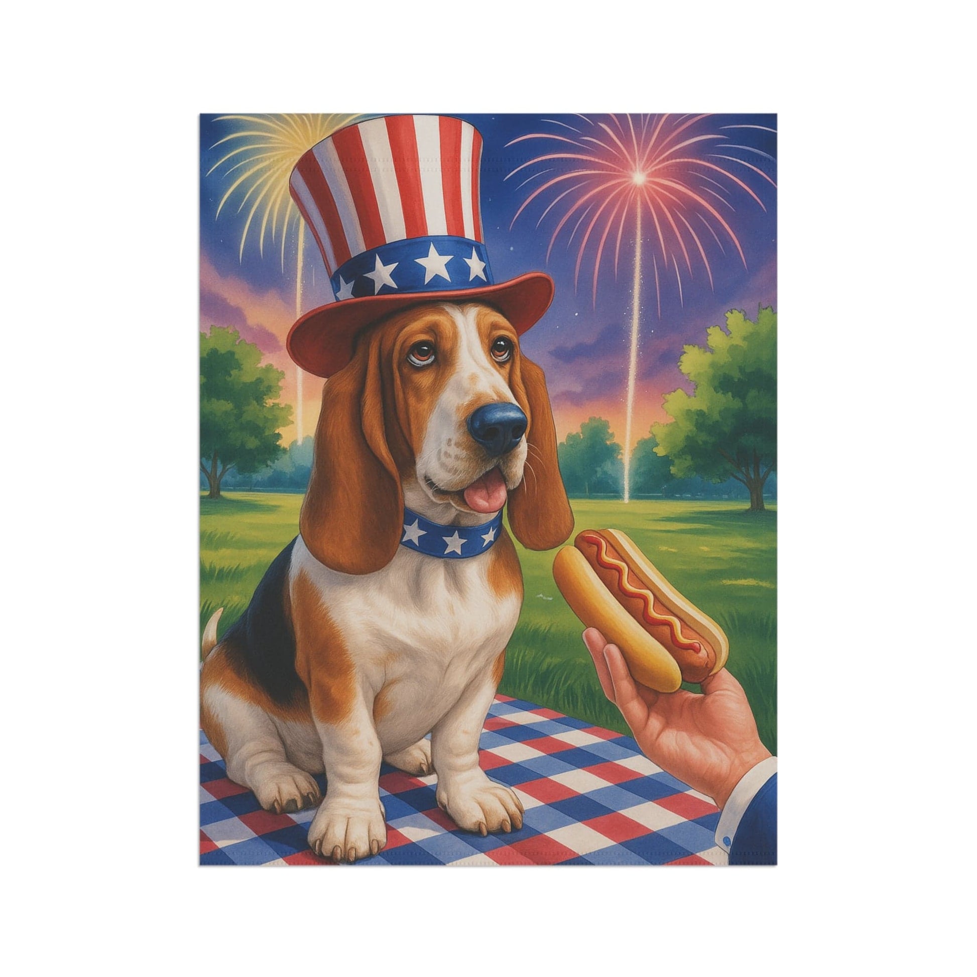 Printify Home Decor Garden Flag, Basset Hound Dog 4th of July Yard Decor, Hot Dog Independence Day America