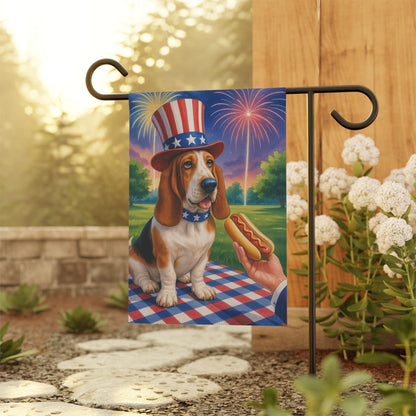 Printify Home Decor Garden Flag, Basset Hound Dog 4th of July Yard Decor, Hot Dog Independence Day America