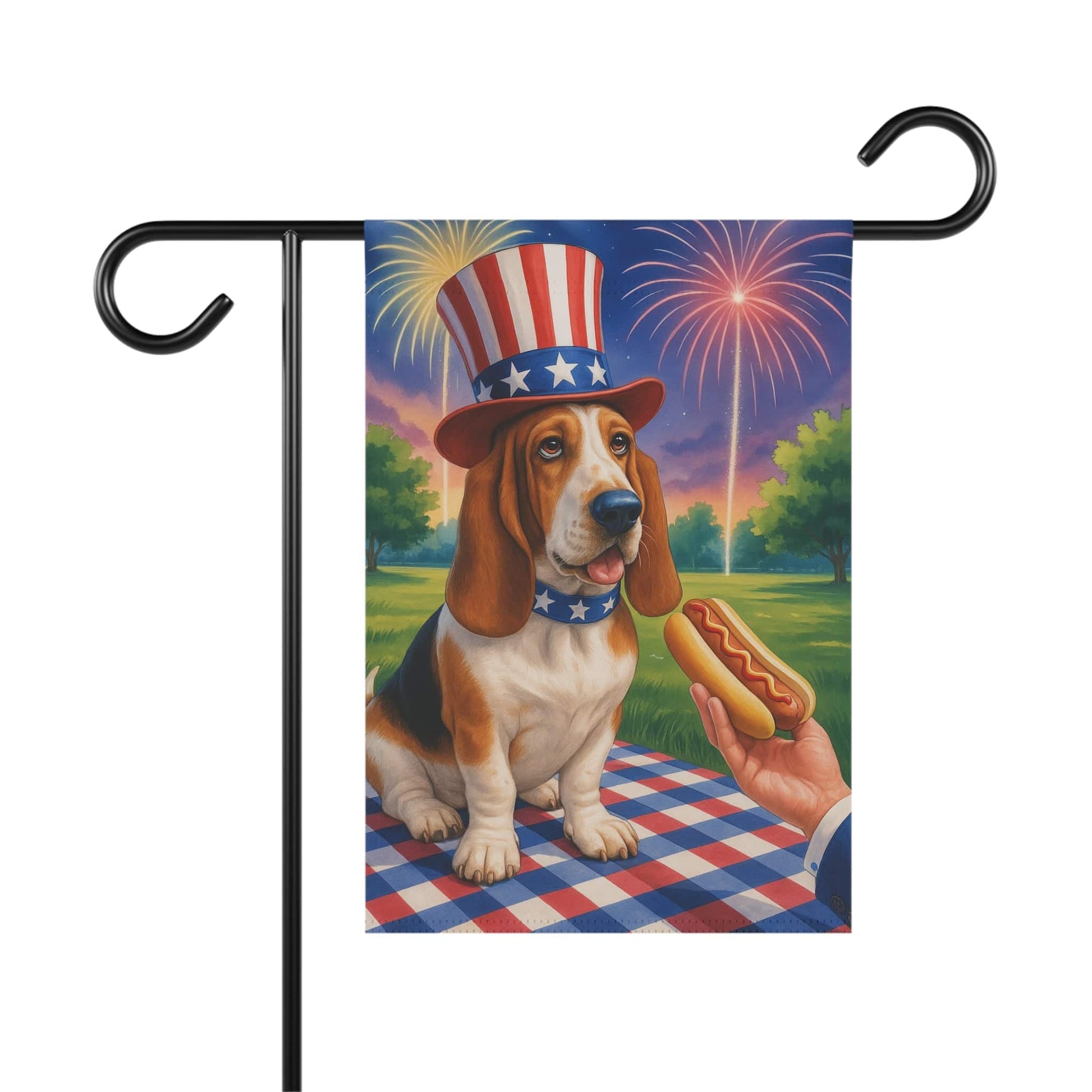 Printify Home Decor 12'' × 18'' Garden Flag, Basset Hound Dog 4th of July Yard Decor, Hot Dog Independence Day America
