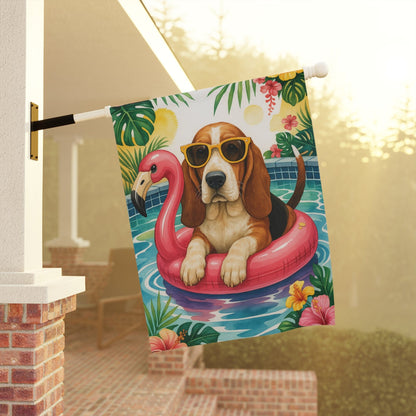 Printify Home Decor Garden Flag, Basset Hound Dog Yard Decor, Hello Summer Pool Party, Outdoor Lover
