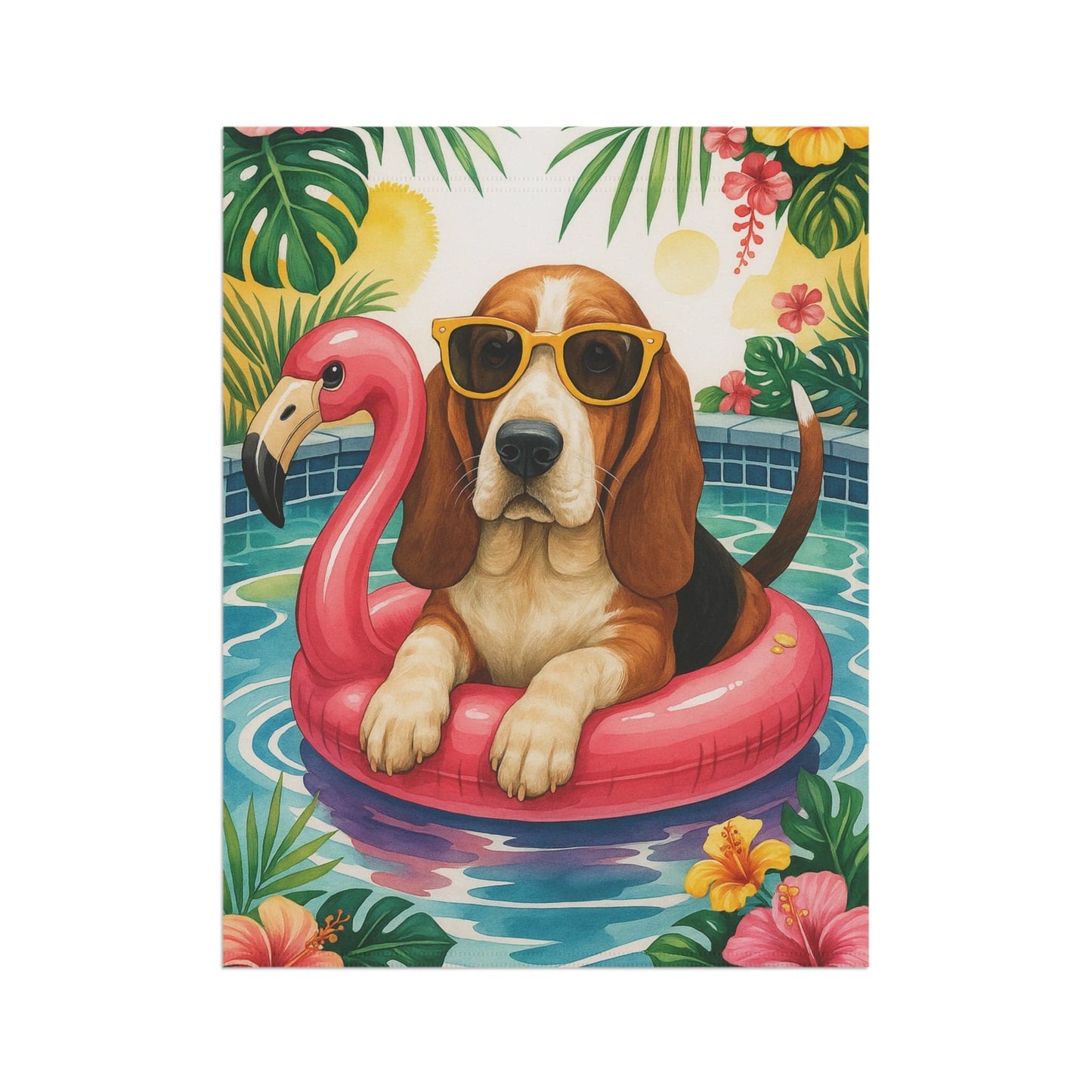 Printify Home Decor Garden Flag, Basset Hound Dog Yard Decor, Hello Summer Pool Party, Outdoor Lover