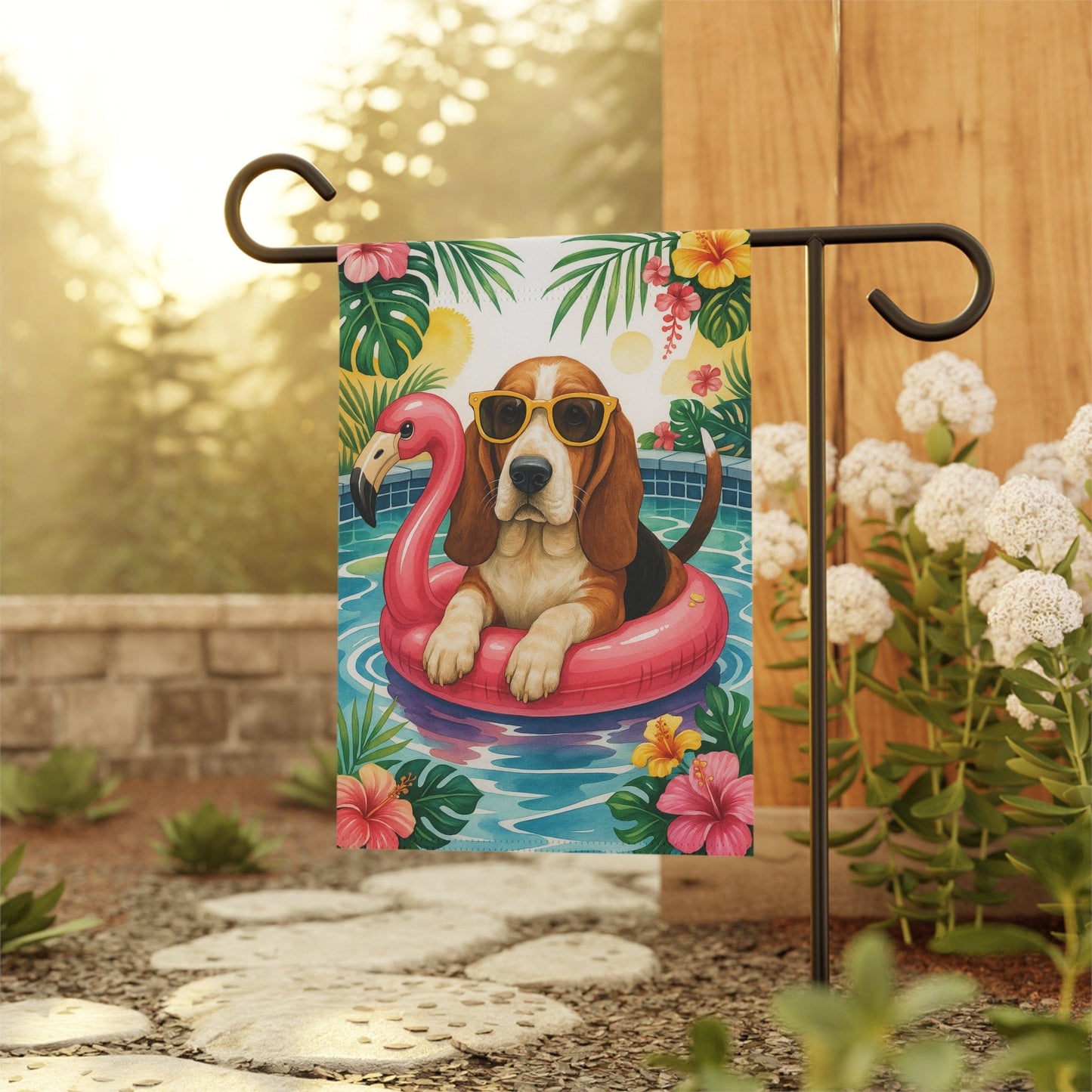 Printify Home Decor Garden Flag, Basset Hound Dog Yard Decor, Hello Summer Pool Party, Outdoor Lover