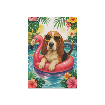 Printify Home Decor Garden Flag, Basset Hound Dog Yard Decor, Hello Summer Pool Party, Outdoor Lover
