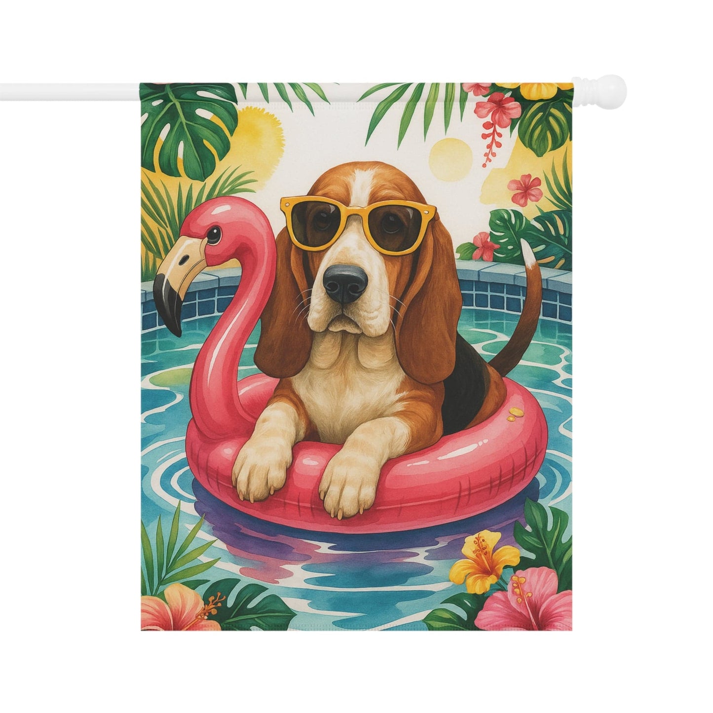 Printify Home Decor 24.5'' × 32'' Garden Flag, Basset Hound Dog Yard Decor, Hello Summer Pool Party, Outdoor Lover
