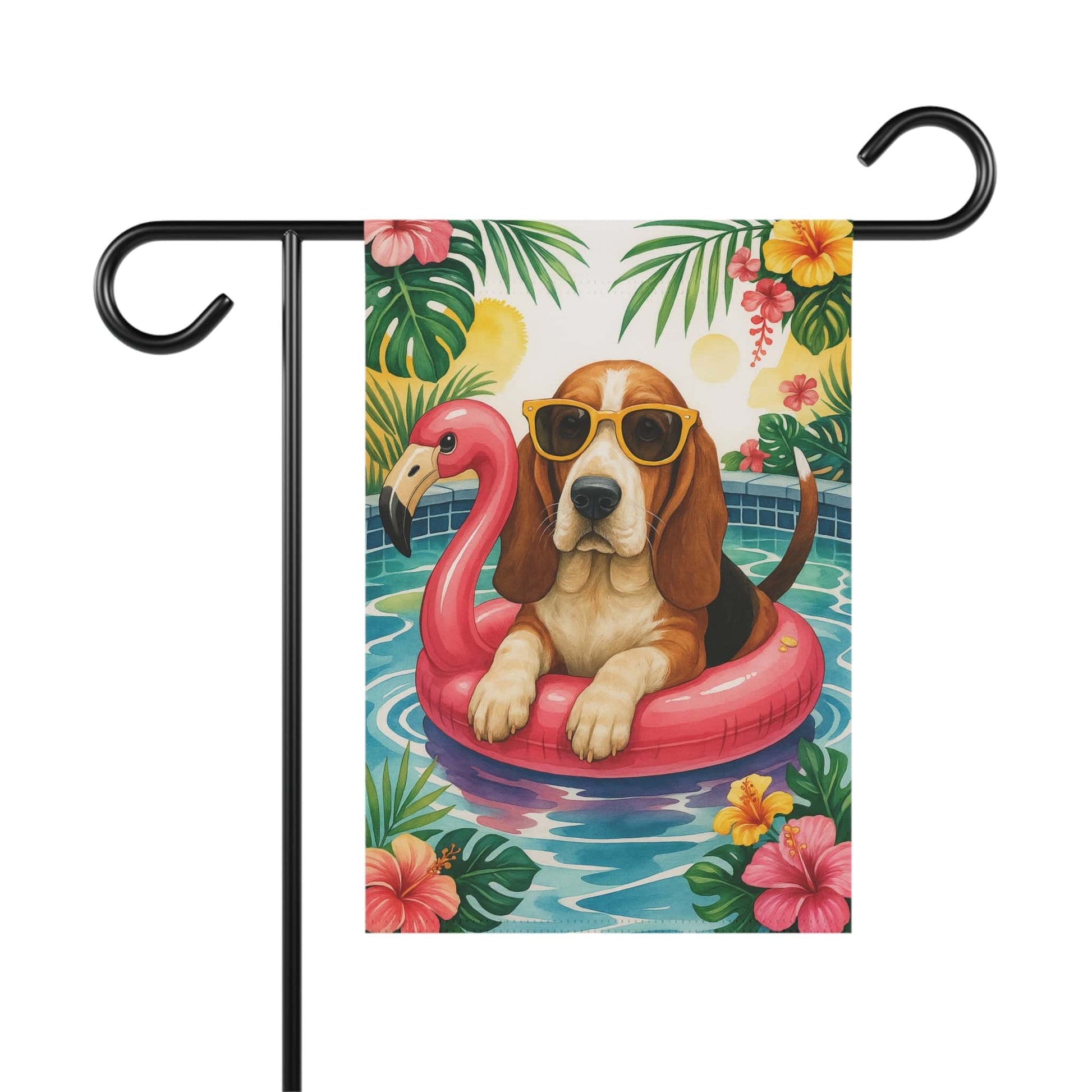 Printify Home Decor 12'' × 18'' Garden Flag, Basset Hound Dog Yard Decor, Hello Summer Pool Party, Outdoor Lover