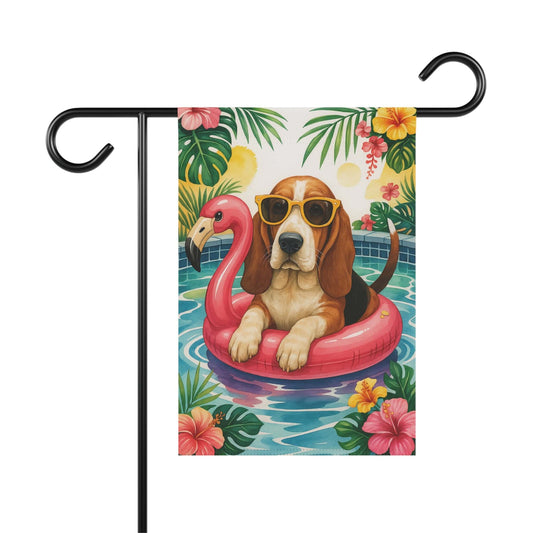 Printify Home Decor 12'' × 18'' Garden Flag, Basset Hound Dog Yard Decor, Hello Summer Pool Party, Outdoor Lover