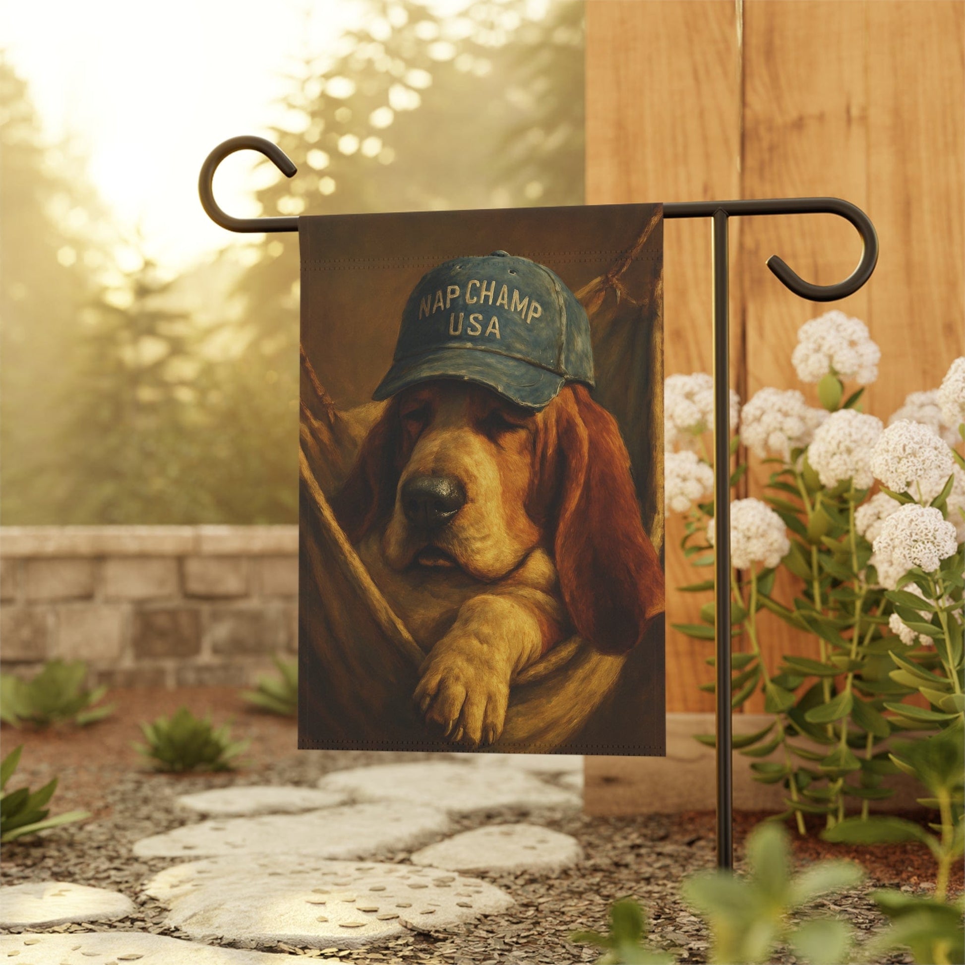 Printify Home Decor Garden Flag, Basset Hound Nap Champ Decor, Funny Yard Decorations