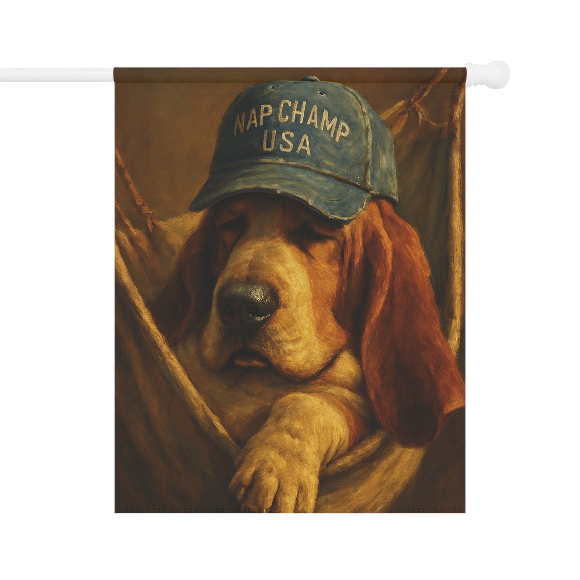 Printify Home Decor 24.5'' × 32'' Garden Flag, Basset Hound Nap Champ Decor, Funny Yard Decorations