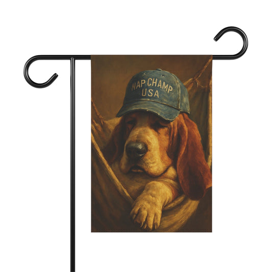 Printify Home Decor 12'' × 18'' Garden Flag, Basset Hound Nap Champ Decor, Funny Yard Decorations