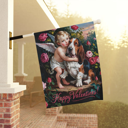 Printify Home Decor Garden Flag, Basset Hound Valentine's Day Decoration, Outdoor Housewarming Gift, Rose Garden