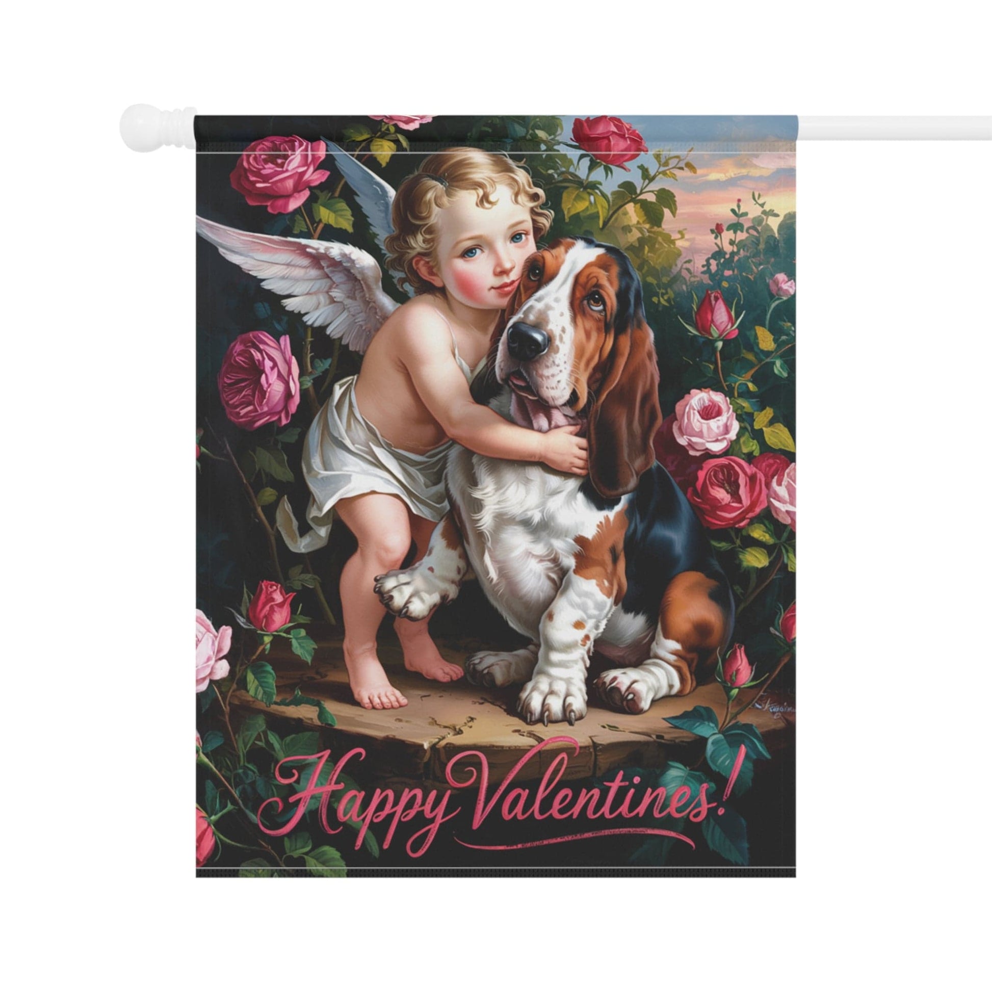 Printify Home Decor Garden Flag, Basset Hound Valentine's Day Decoration, Outdoor Housewarming Gift, Rose Garden