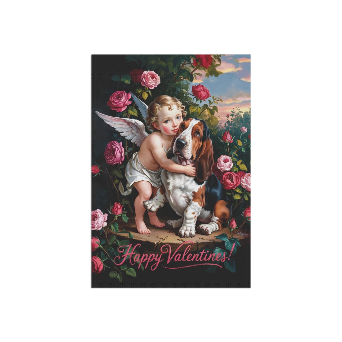 Printify Home Decor Garden Flag, Basset Hound Valentine's Day Decoration, Outdoor Housewarming Gift, Rose Garden