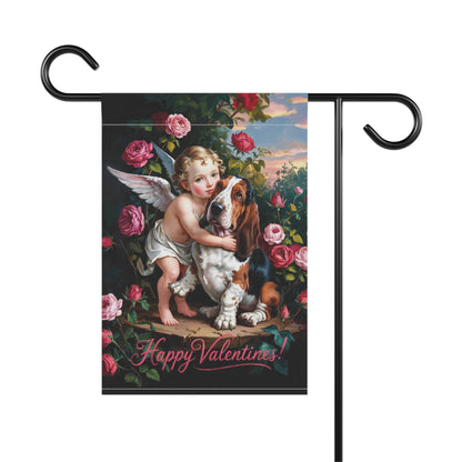 Printify Home Decor Garden Flag, Basset Hound Valentine's Day Decoration, Outdoor Housewarming Gift, Rose Garden