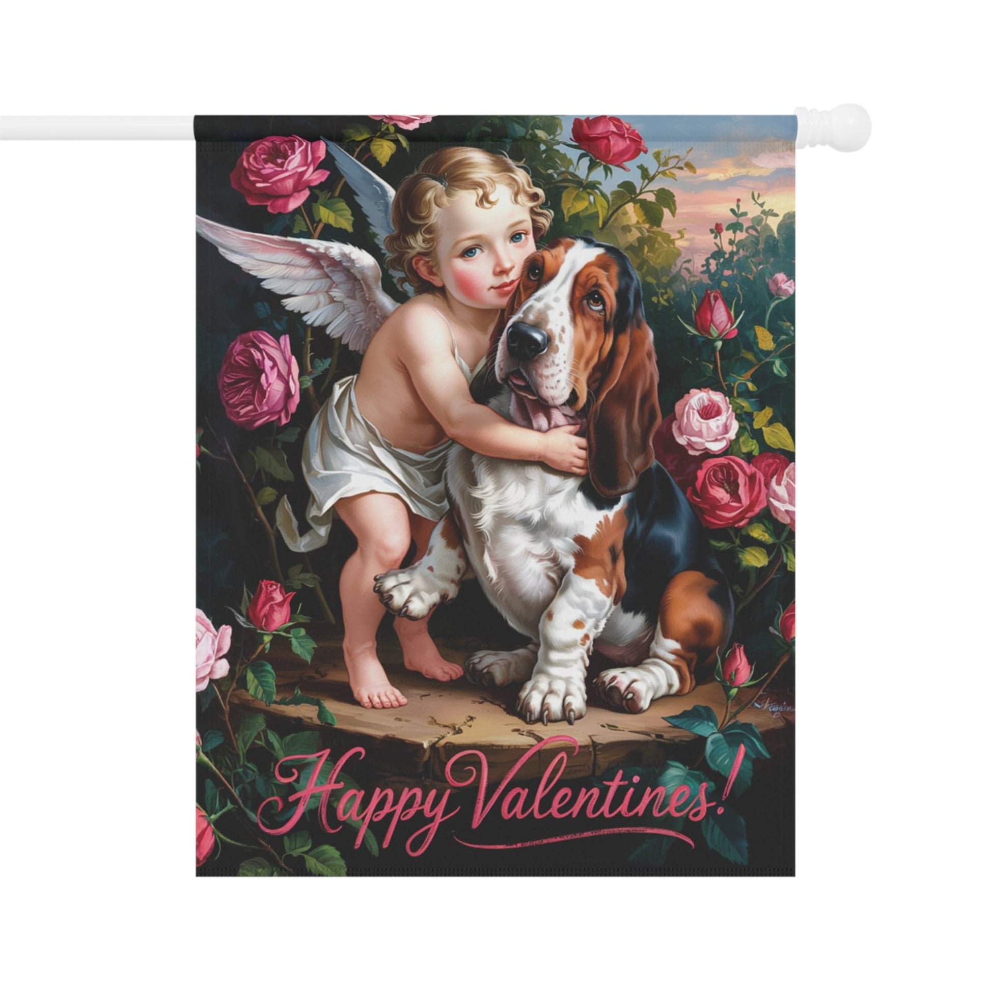 Printify Home Decor 24.5'' × 32'' Garden Flag, Basset Hound Valentine's Day Decoration, Outdoor Housewarming Gift, Rose Garden