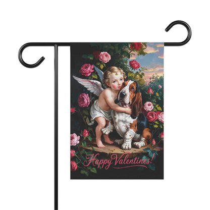 Printify Home Decor 12'' × 18'' Garden Flag, Basset Hound Valentine's Day Decoration, Outdoor Housewarming Gift, Rose Garden