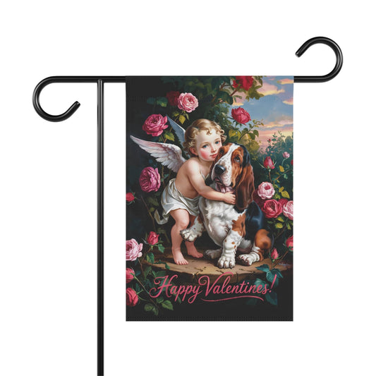 Printify Home Decor 12'' × 18'' Garden Flag, Basset Hound Valentine's Day Decoration, Outdoor Housewarming Gift, Rose Garden