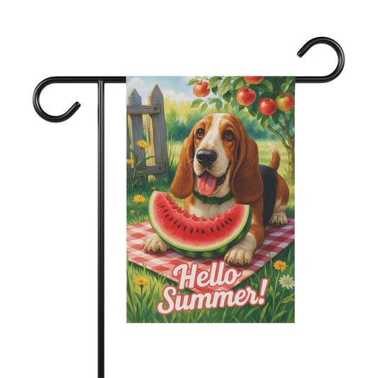 Printify Home Decor 12'' × 18'' Garden Flag, Basset Hound Watermelon Hello Summer Yard Sign, Picnic