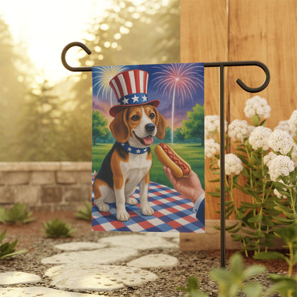 Printify Home Decor Garden Flag, Beagle Hound Dog 4th of July Yard Decor, Hot Dog Independence Day