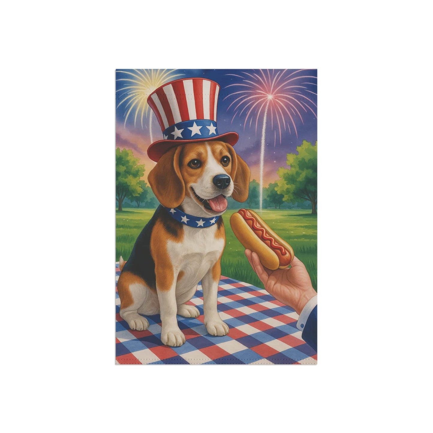 Printify Home Decor Garden Flag, Beagle Hound Dog 4th of July Yard Decor, Hot Dog Independence Day