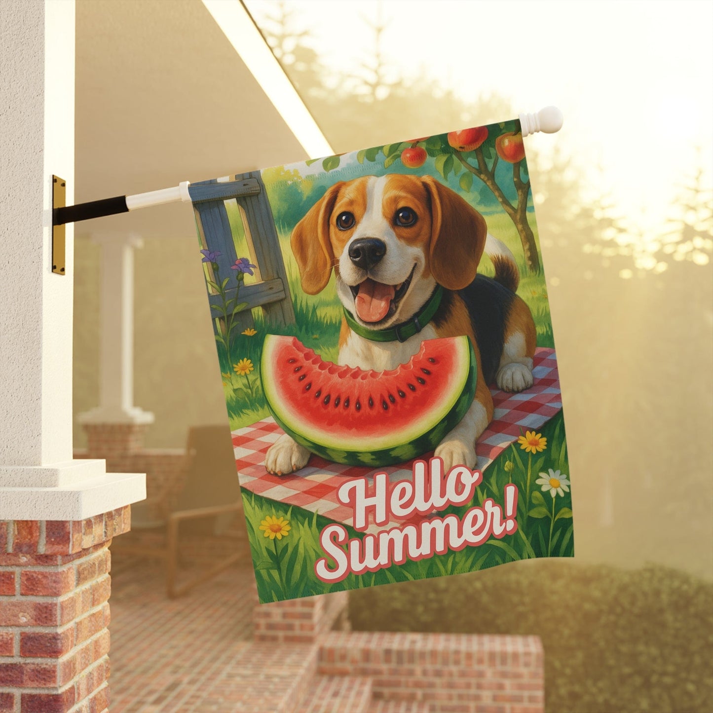 Printify Home Decor Garden Flag, Beagle Hound Dog Watermelon Hello Summer Yard Sign, Picnic