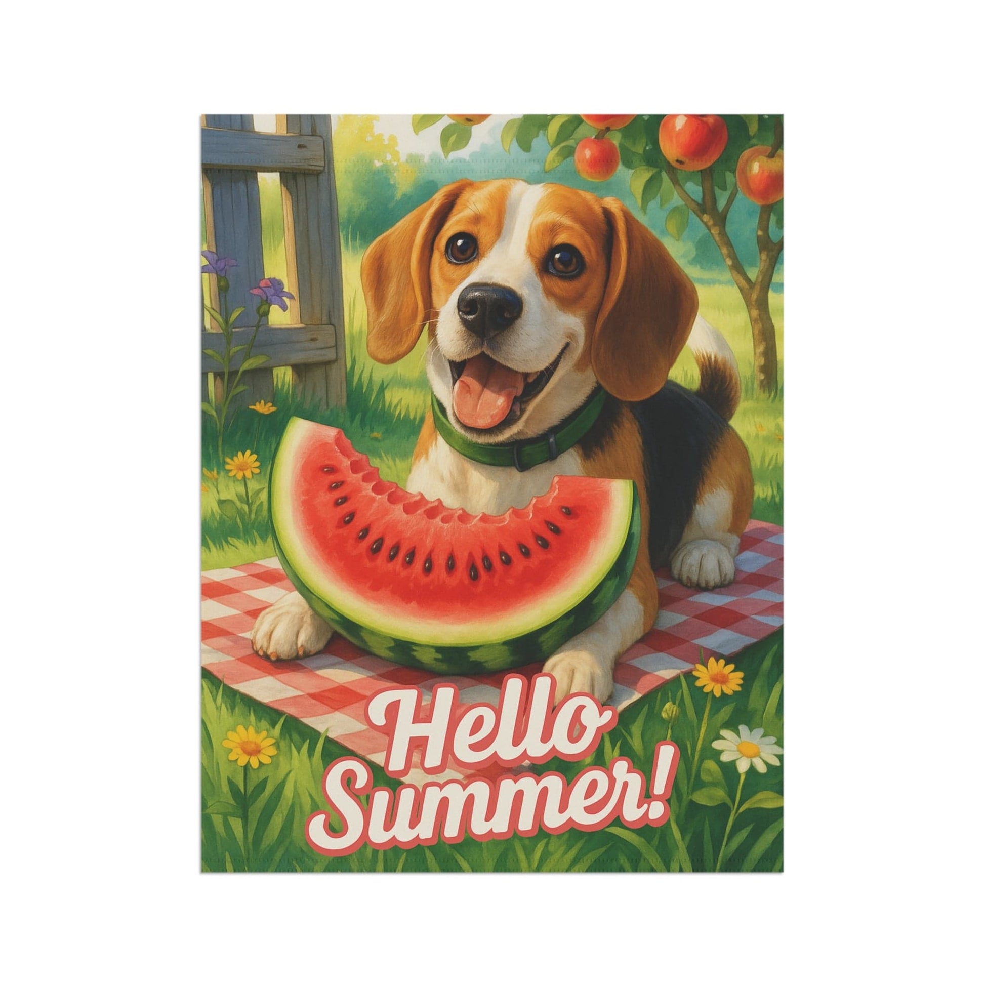 Printify Home Decor Garden Flag, Beagle Hound Dog Watermelon Hello Summer Yard Sign, Picnic