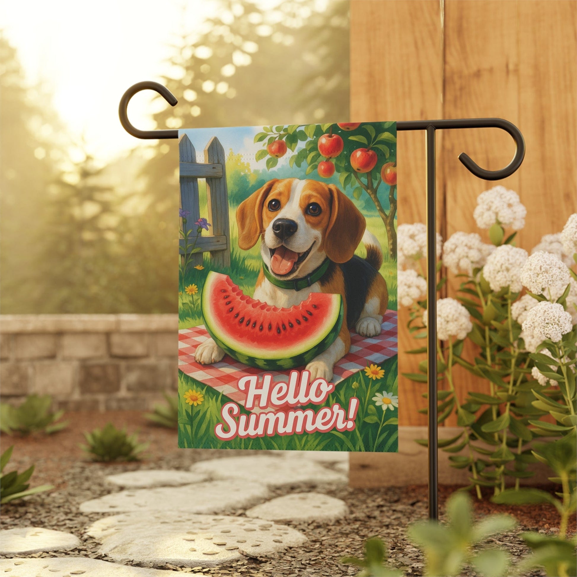 Printify Home Decor Garden Flag, Beagle Hound Dog Watermelon Hello Summer Yard Sign, Picnic