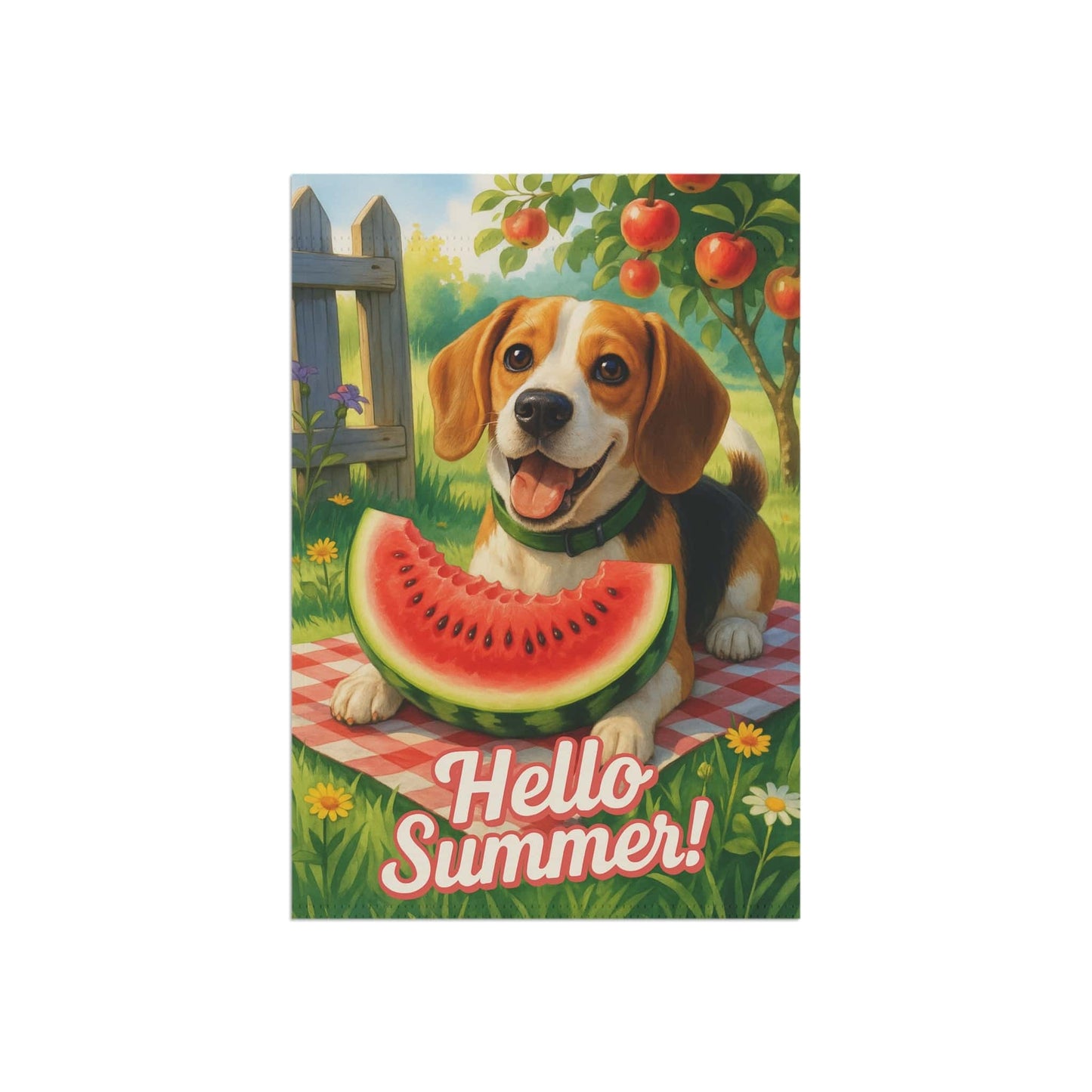 Printify Home Decor Garden Flag, Beagle Hound Dog Watermelon Hello Summer Yard Sign, Picnic
