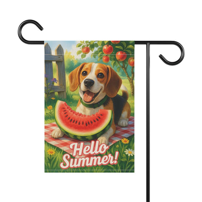 Printify Home Decor Garden Flag, Beagle Hound Dog Watermelon Hello Summer Yard Sign, Picnic