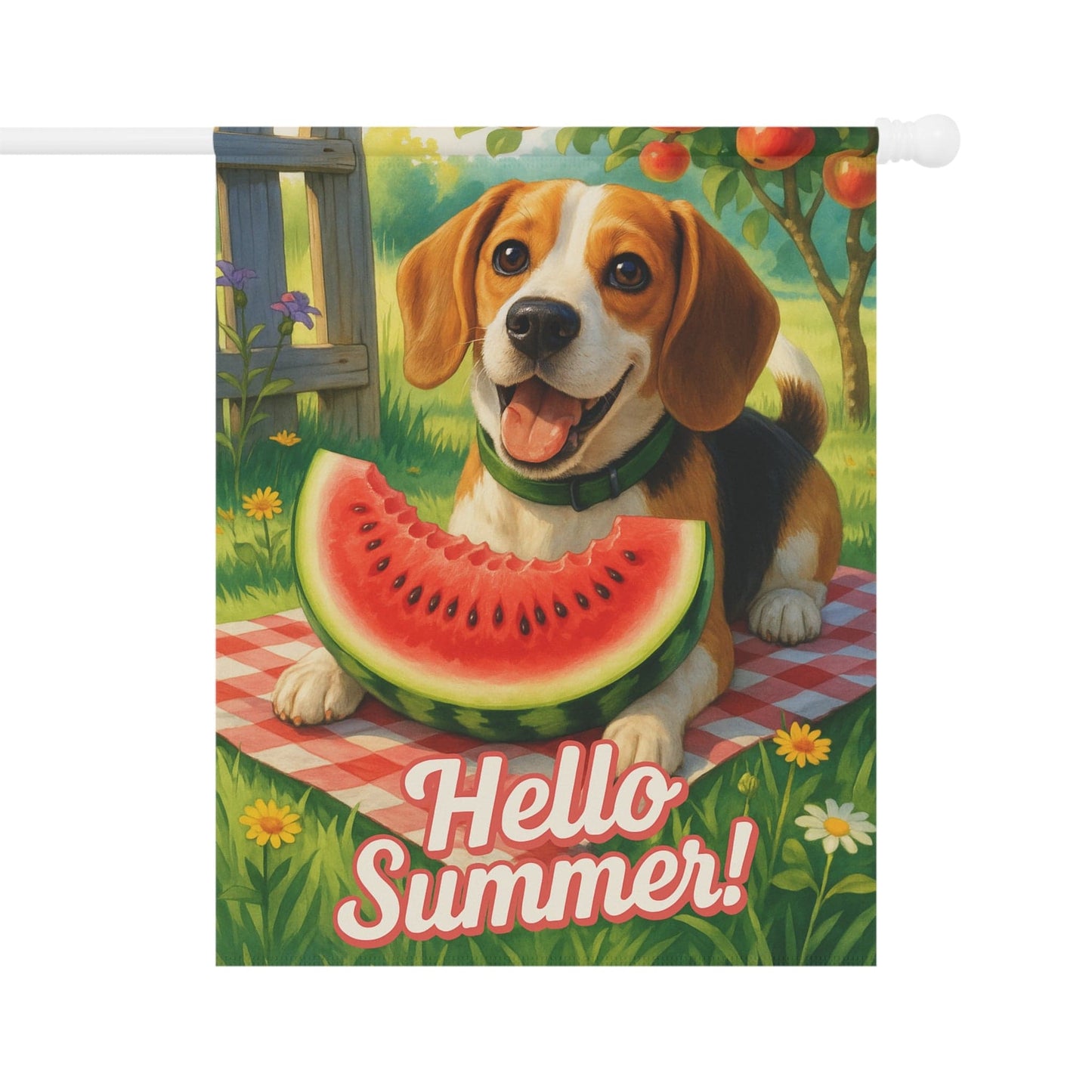 Printify Home Decor 24.5'' × 32'' Garden Flag, Beagle Hound Dog Watermelon Hello Summer Yard Sign, Picnic