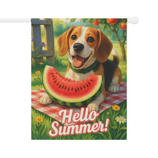 Printify Home Decor 24.5'' × 32'' Garden Flag, Beagle Hound Dog Watermelon Hello Summer Yard Sign, Picnic