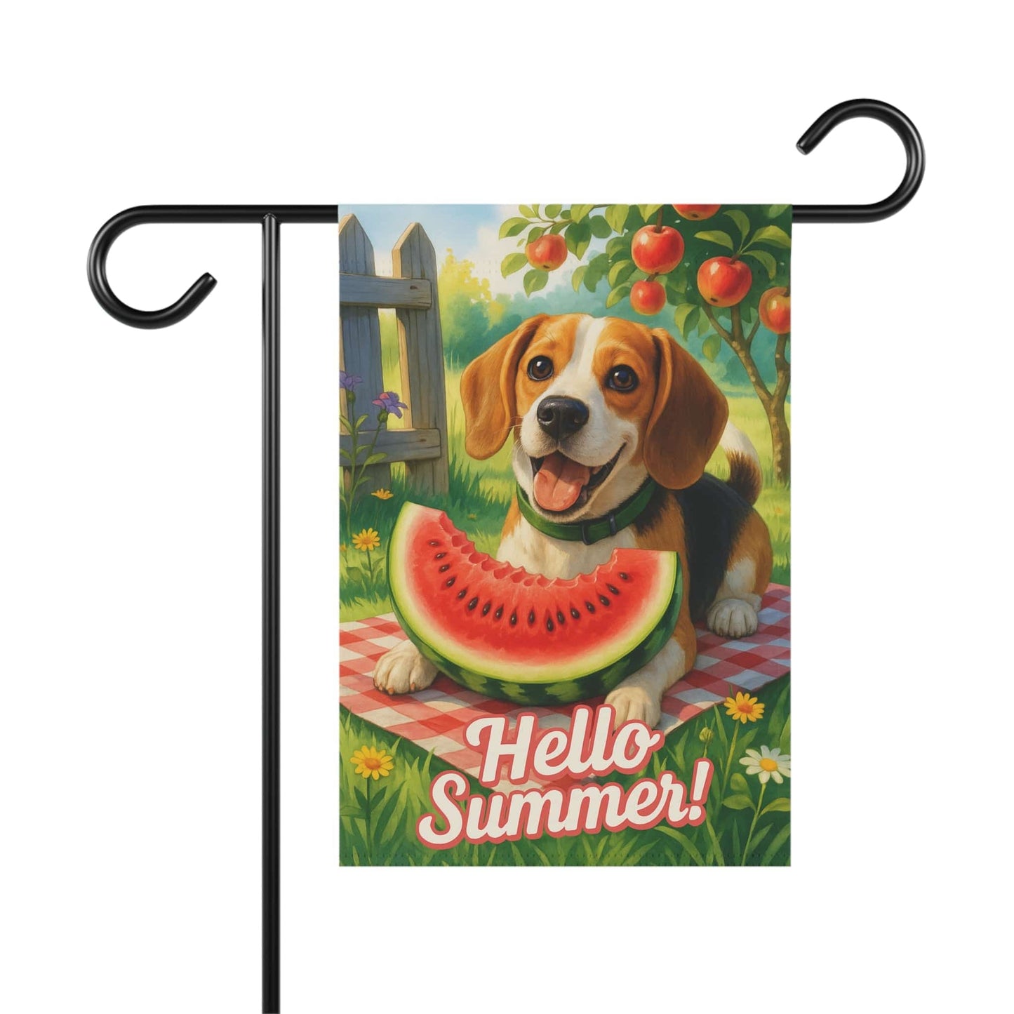 Printify Home Decor 12'' × 18'' Garden Flag, Beagle Hound Dog Watermelon Hello Summer Yard Sign, Picnic