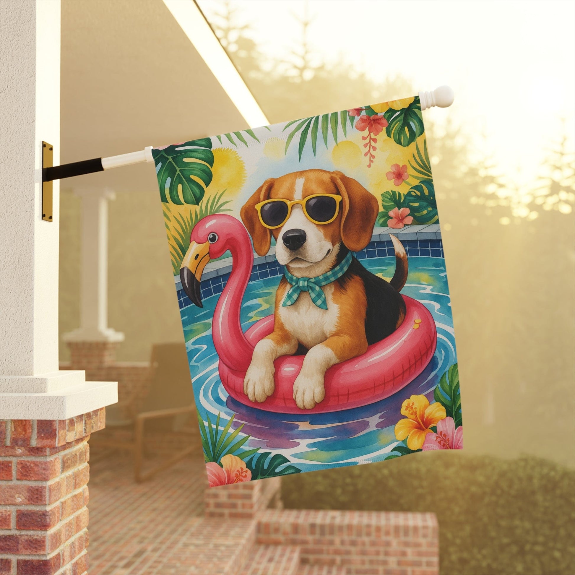 Printify Home Decor Garden Flag, Beagle Hound Dog Yard Decor, Hello Summer Pool Party, Outdoor
