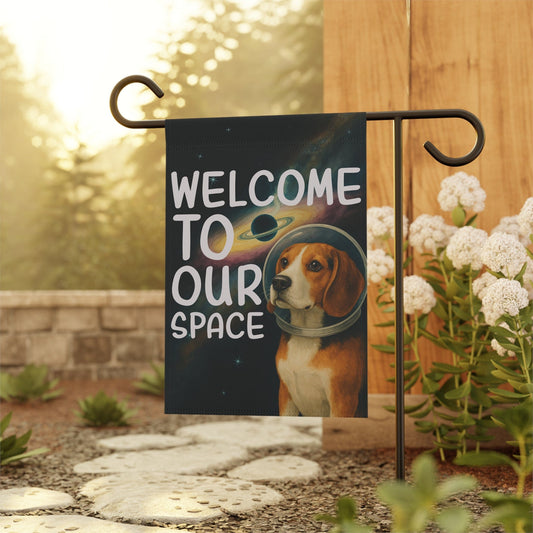 Printify Home Decor Garden Flag, Beagle Hound Space Lover Banner, Astronaut Decor, Outer Space