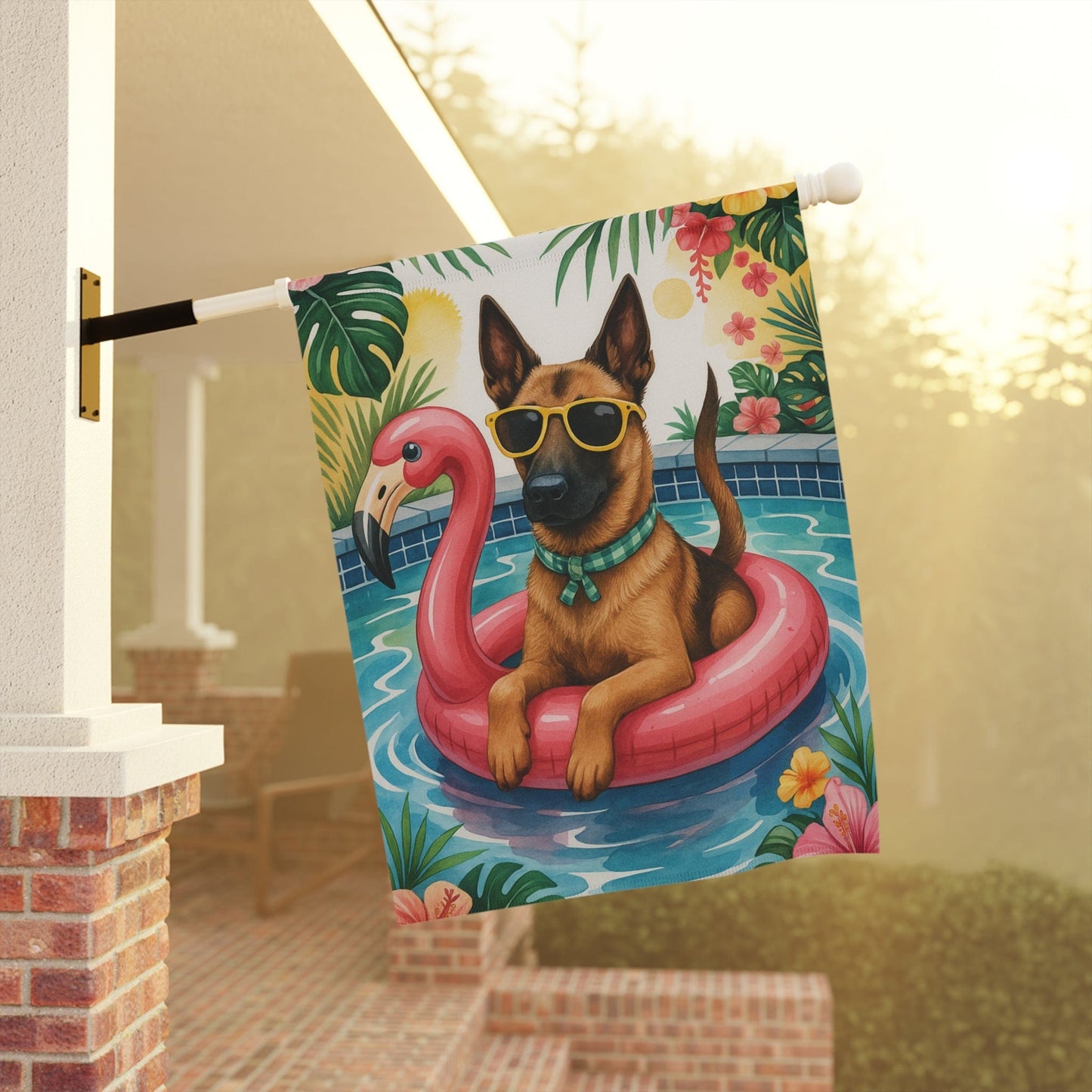 Printify Home Decor Garden Flag, Belgian Malinois Dog Yard Decor, Hello Summer Pool Party