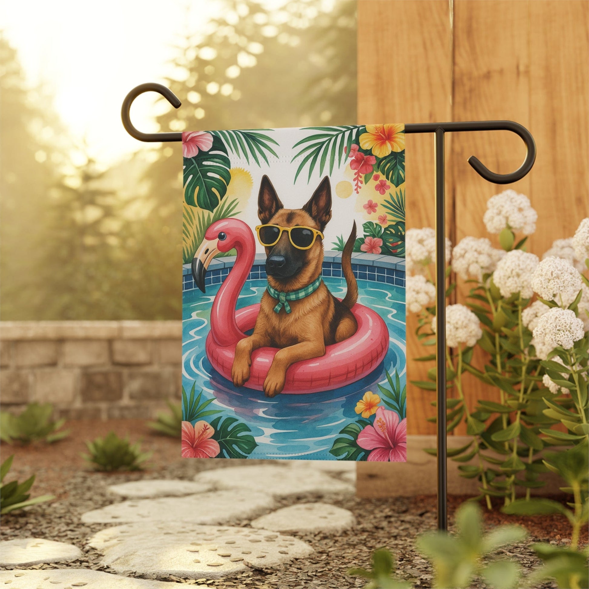 Printify Home Decor Garden Flag, Belgian Malinois Dog Yard Decor, Hello Summer Pool Party