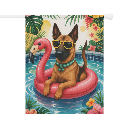 Printify Home Decor 24.5'' × 32'' Garden Flag, Belgian Malinois Dog Yard Decor, Hello Summer Pool Party