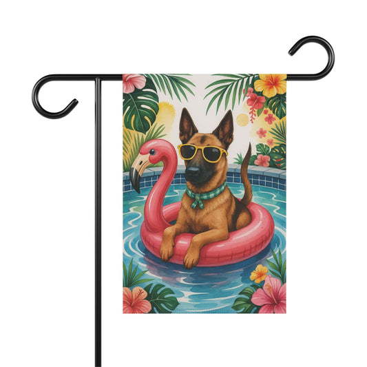 Printify Home Decor 12'' × 18'' Garden Flag, Belgian Malinois Dog Yard Decor, Hello Summer Pool Party