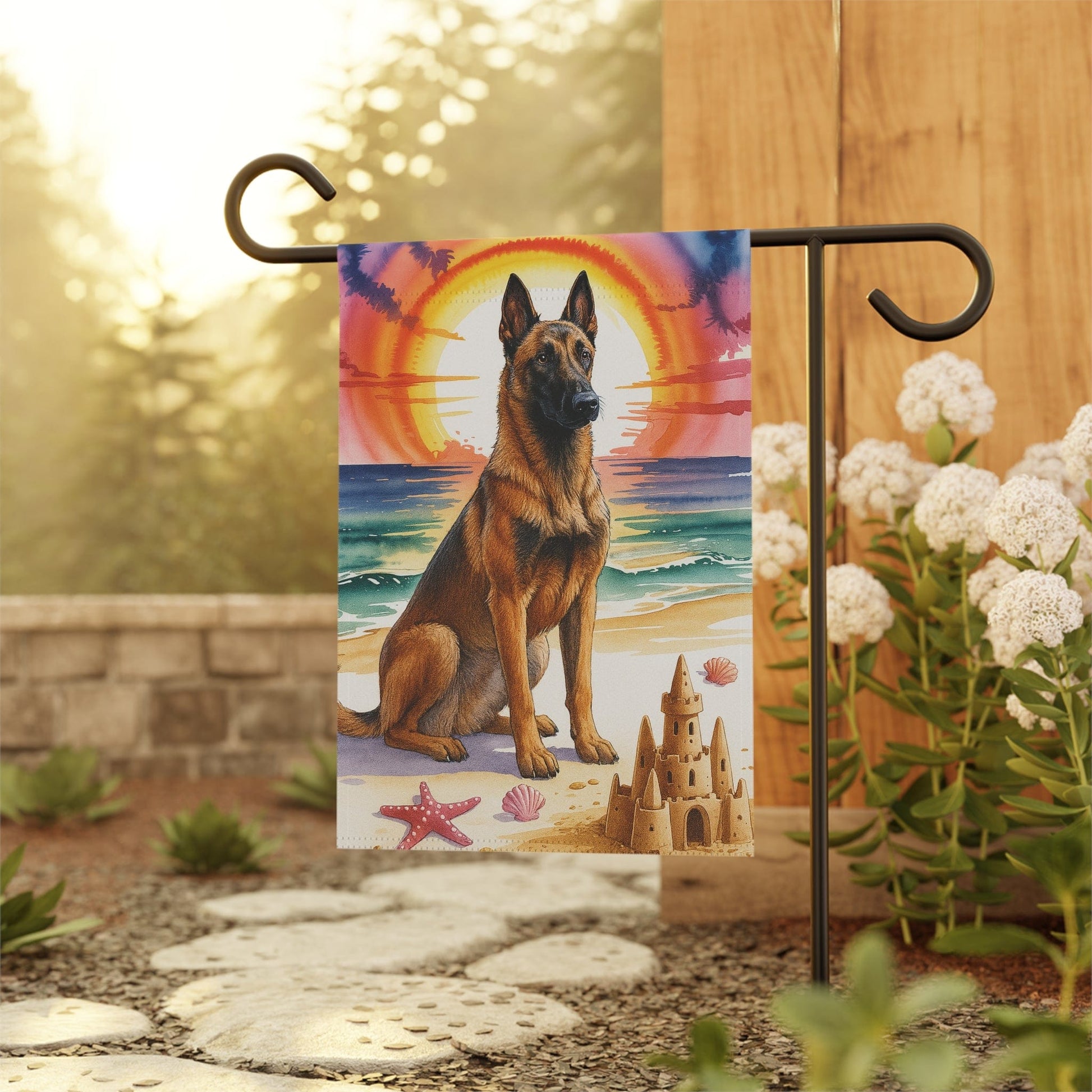 Printify Garden Flag Garden Flag, Belgian Malinois Nautical Decor - House Banner for Beach